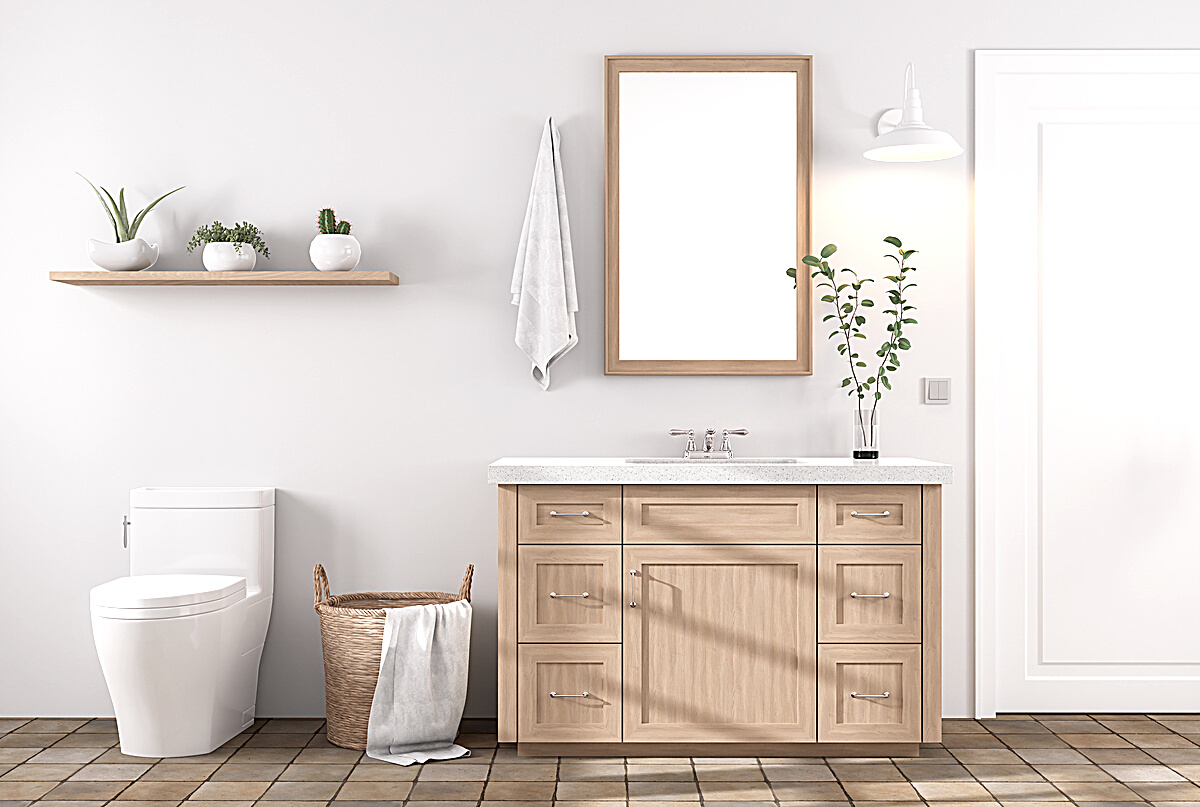 Modern contemporary style bathroom with brown terracotta tile floors 3d render